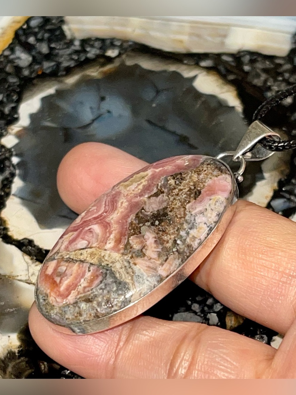 Pink Rhodochrosite in Pyrite Pendant Crystal 2 1/2”